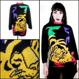 Vintage 1980s Neon Tiger Graphic Pullover Glitter Turtleneck Sweater | 80s Brigh